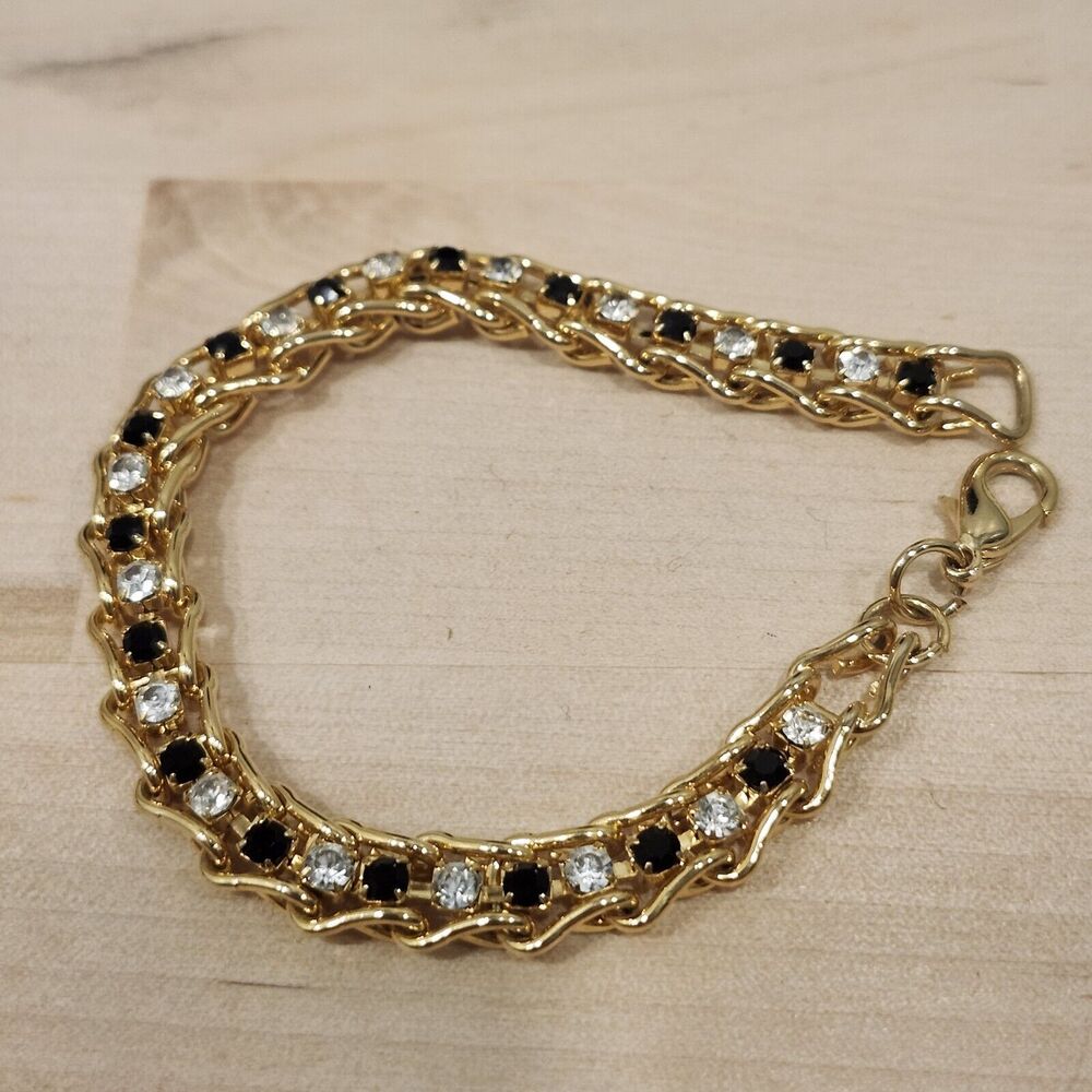 10k Gold Plate Link Tennis Bracelet w/ Clear & Black Crystal Rhinestones